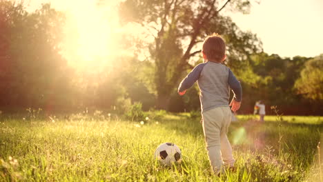Boy-standing-with-a-soccer-ball-in-the-summer-running-on-the-field-with-grass-rear-view